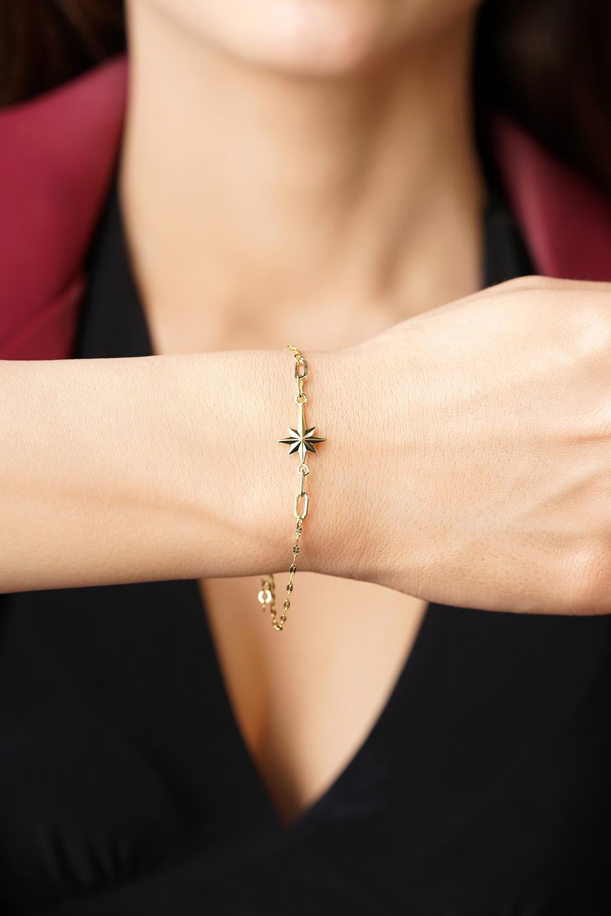 14K Gold North Star Mirror Chain Bracelet