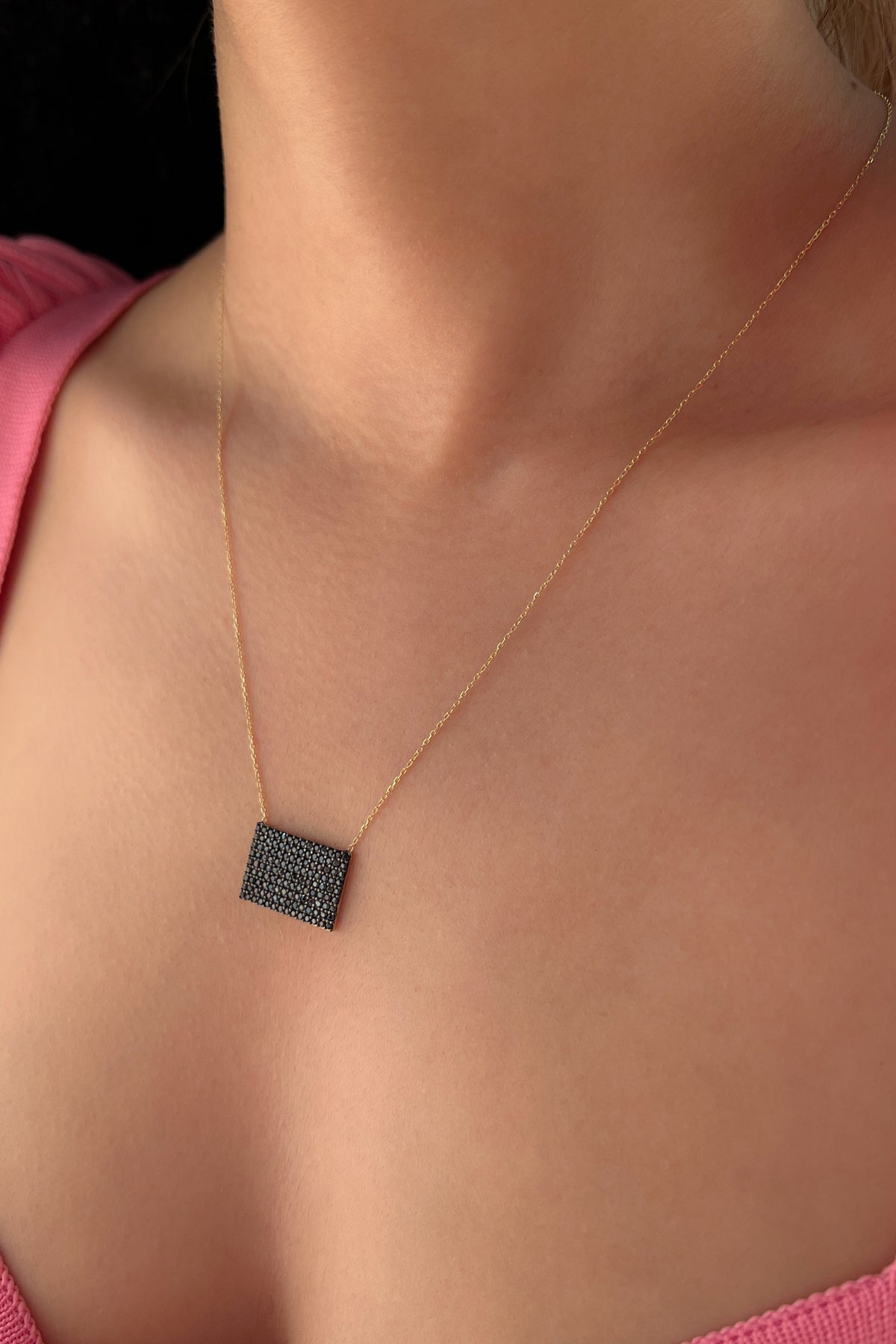 14K Gold Onyx Stones Designed Rectangle Necklace