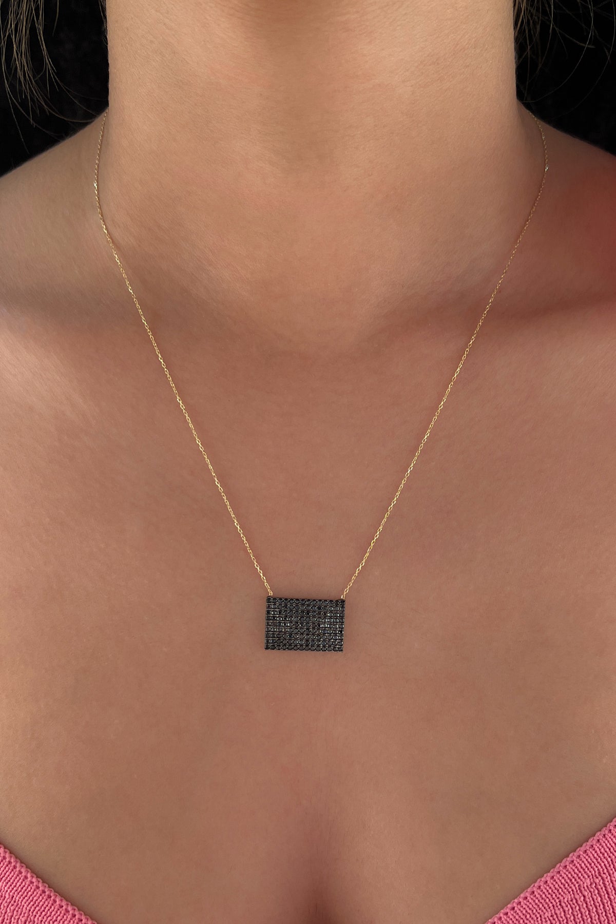 14K Gold Onyx Stones Designed Rectangle Necklace