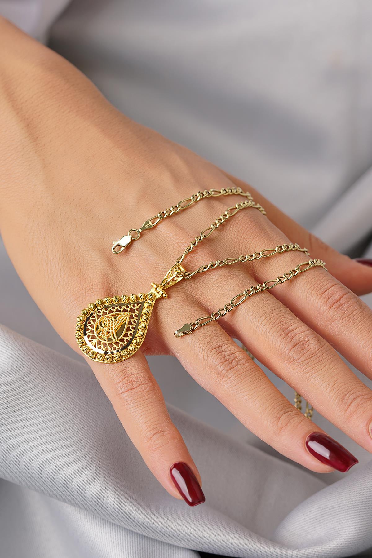 14K Solid Gold Ottoman Medallion on Figaro Chain