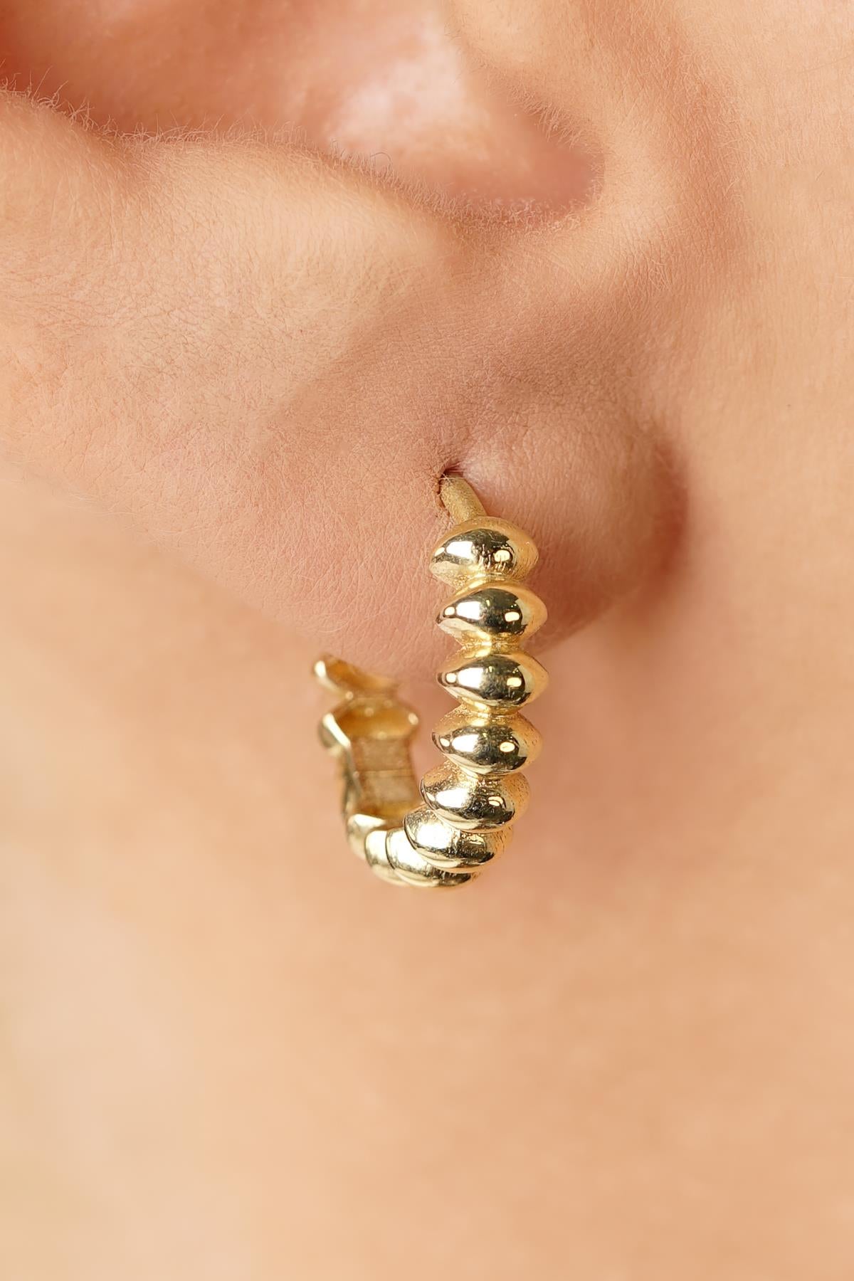 14K Gold Oval Beaded Hoop Earrings