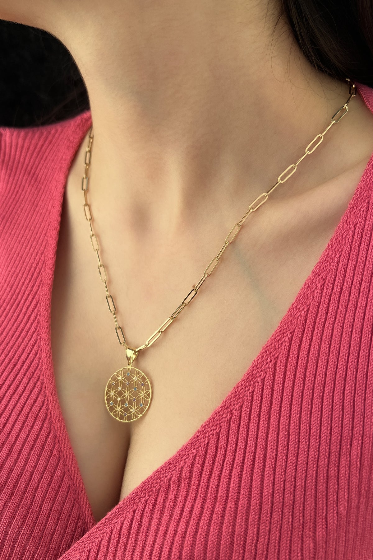 14K Gold Paperclip Chain Flower of Life Necklace