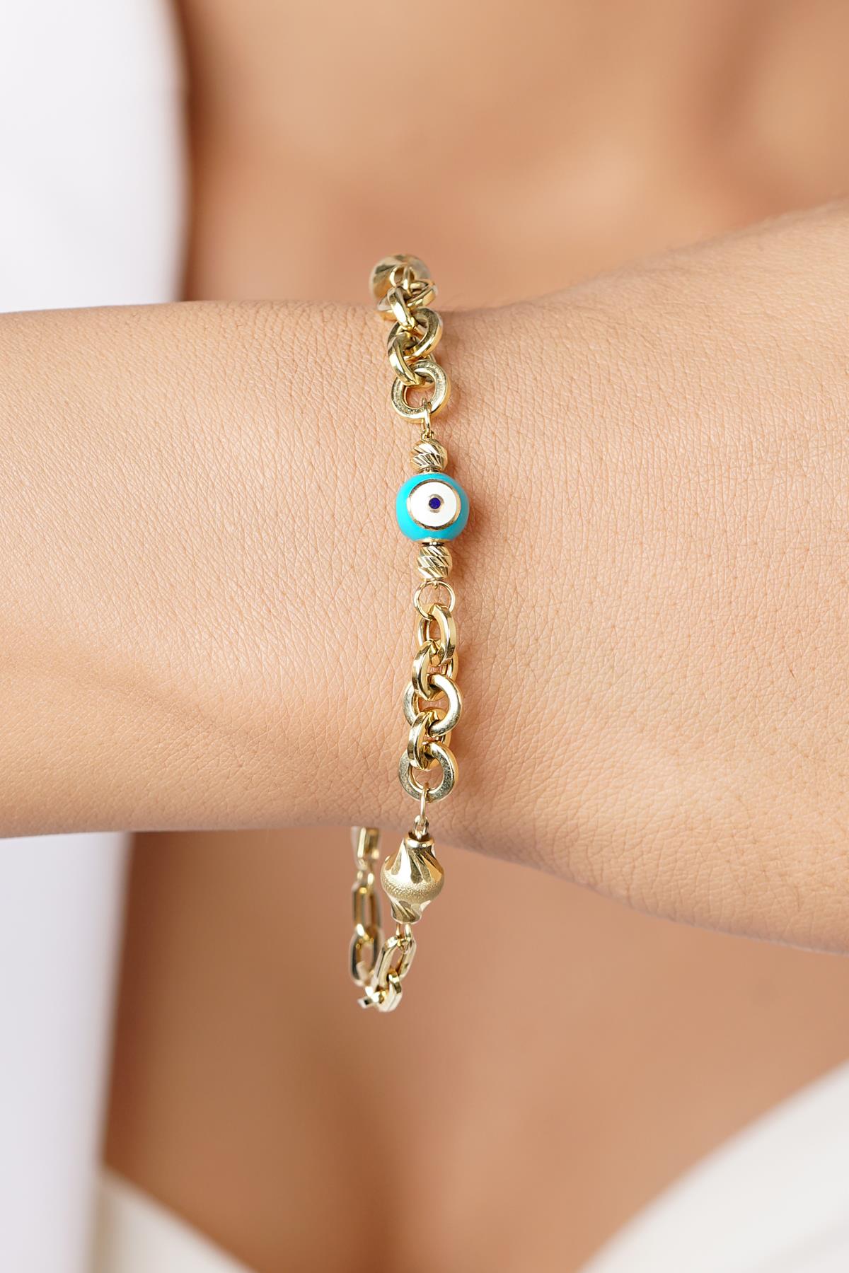 14K Gold Paperclip Evil Eye Special Designed Bracelet