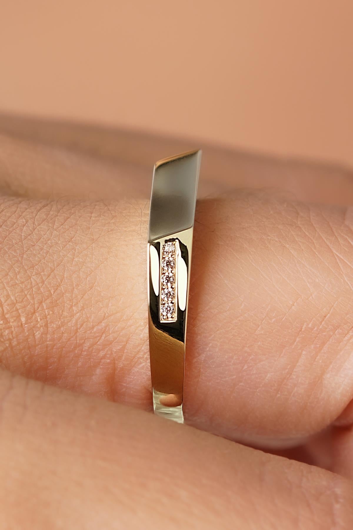 14K Solid Gold Pave Asymmetrical Design Ring