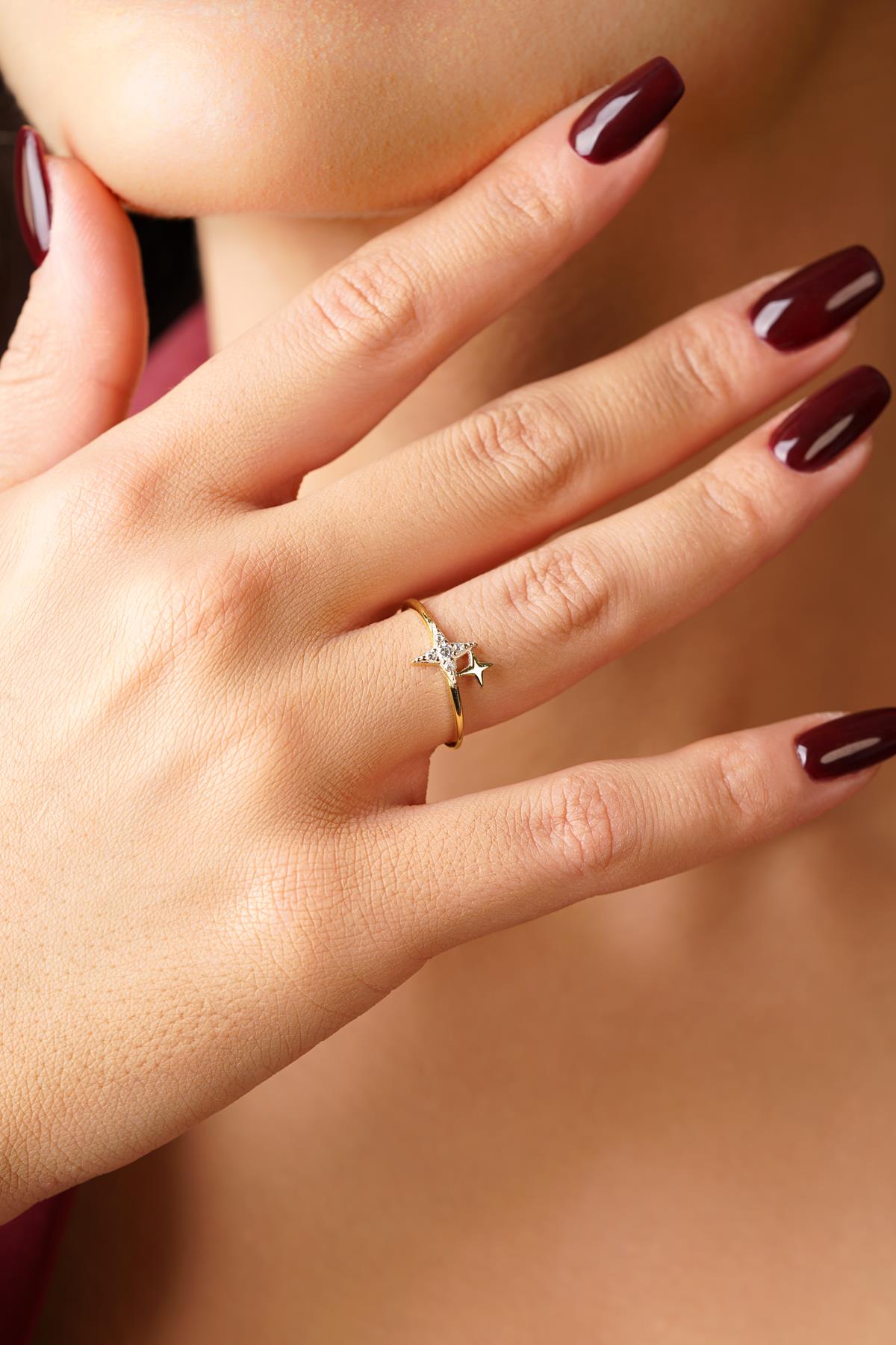 14K Gold Pave Double Star Ring