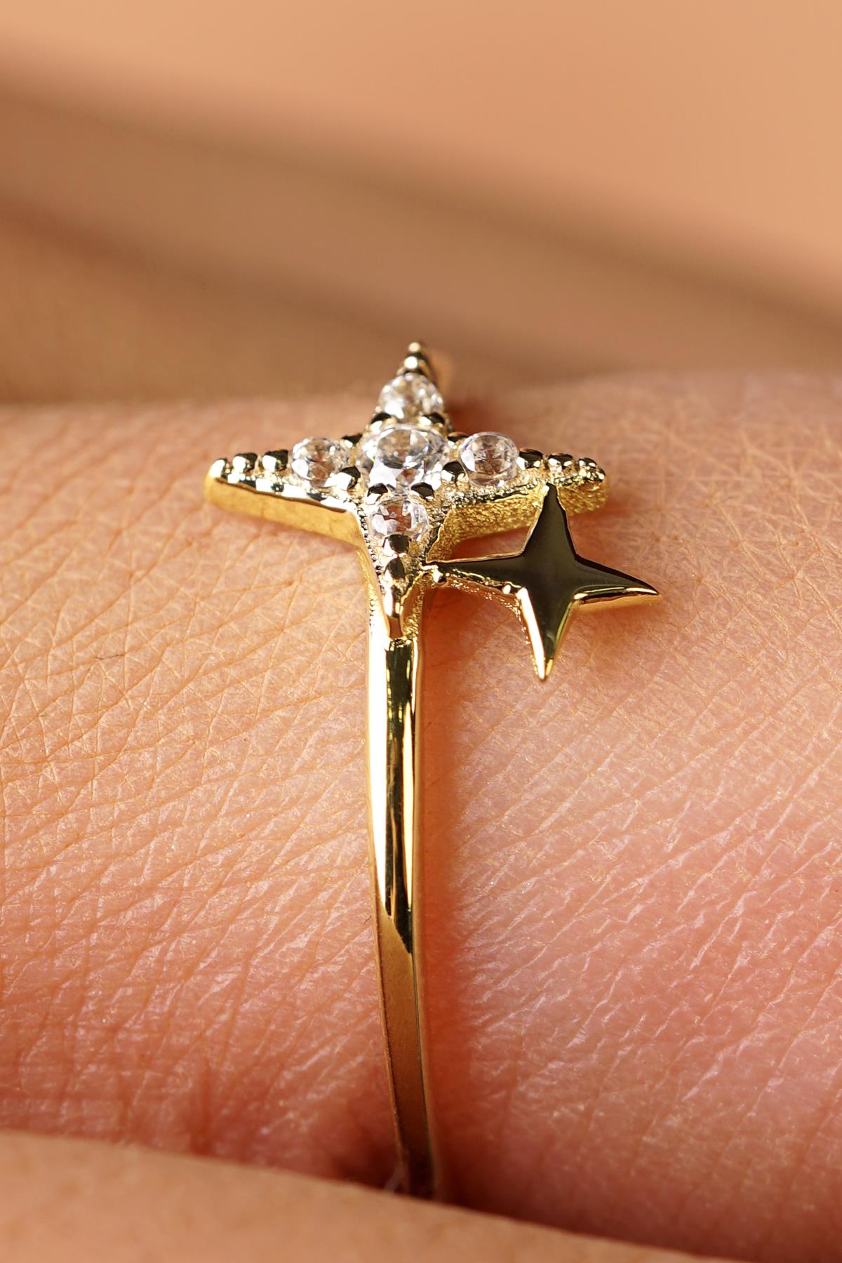 14K Gold Pave Double Star Ring
