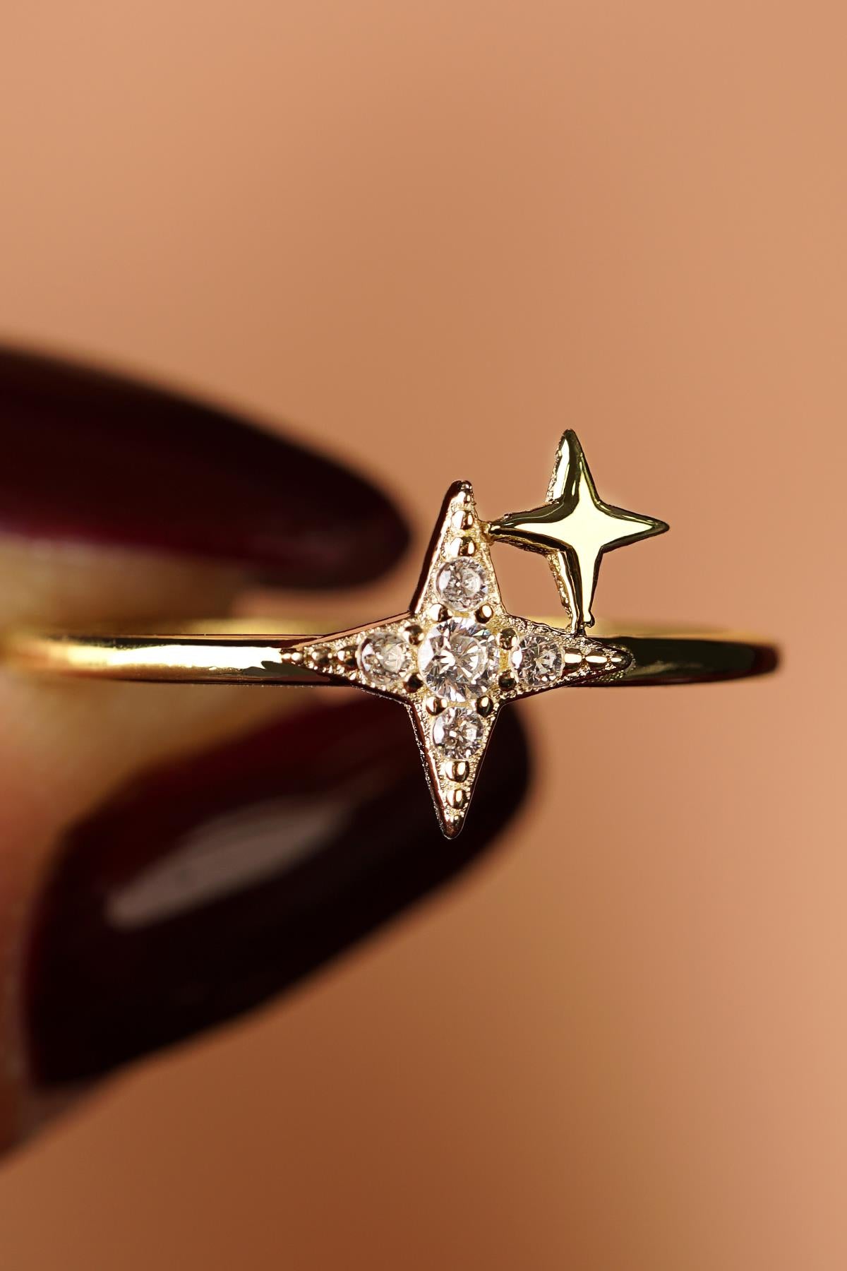 14K Gold Pave Double Star Ring