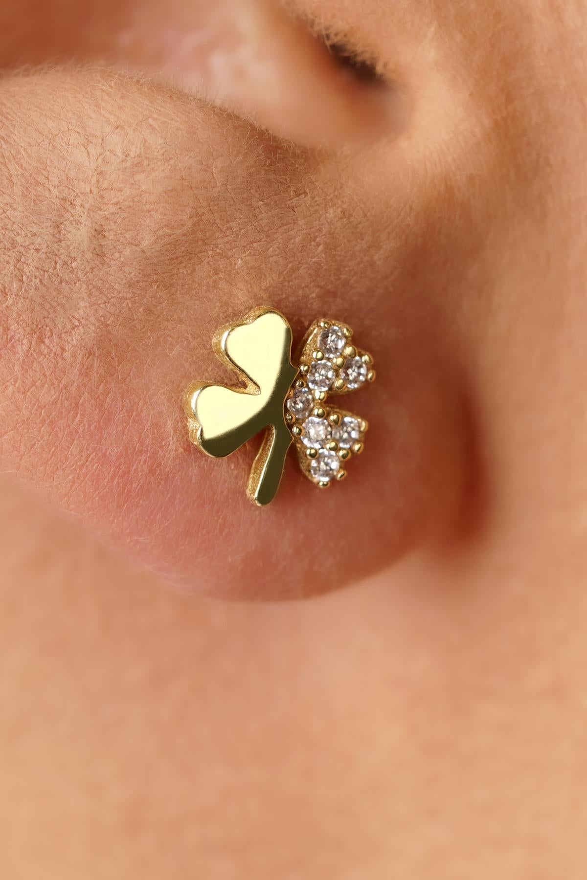 14K Gold Pave Lucky Clover Studs