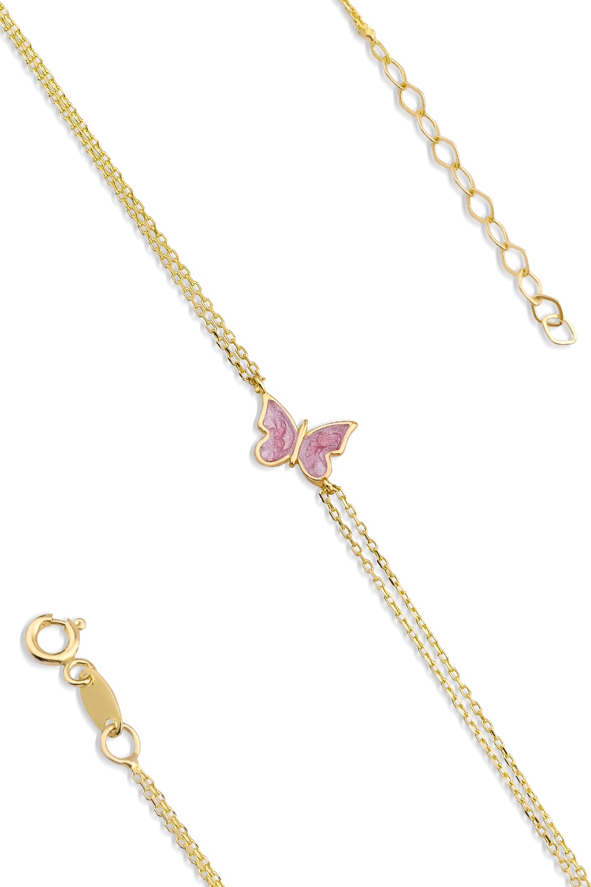 14K Gold Pink Enamel Butterfly Bracelet