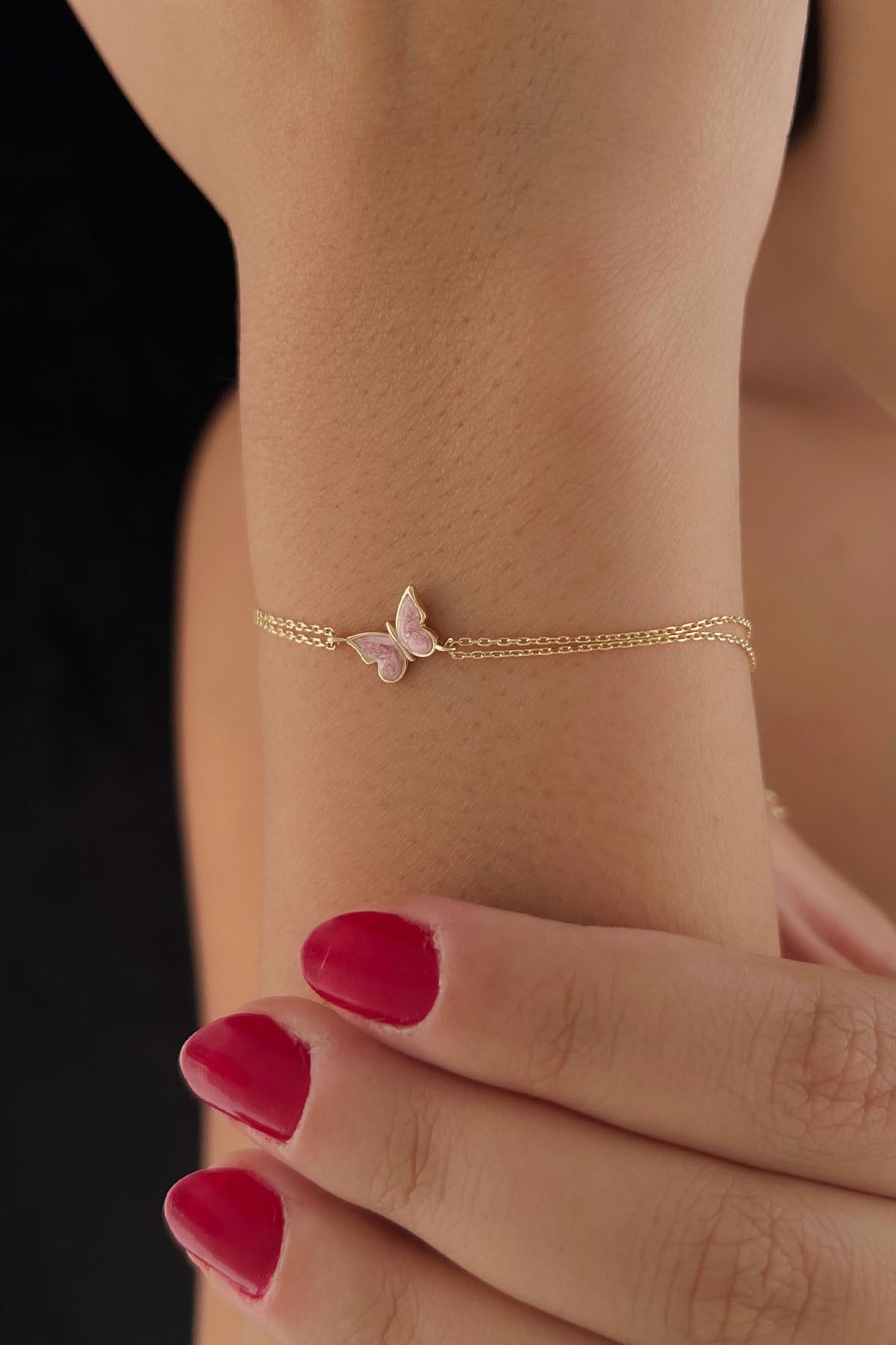 14K Gold Pink Enamel Butterfly Bracelet