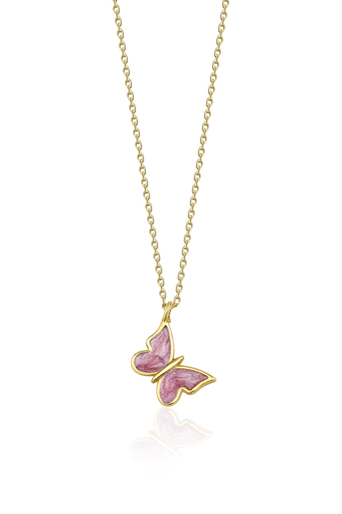 14K Gold Pink Enamel Butterfly Necklace