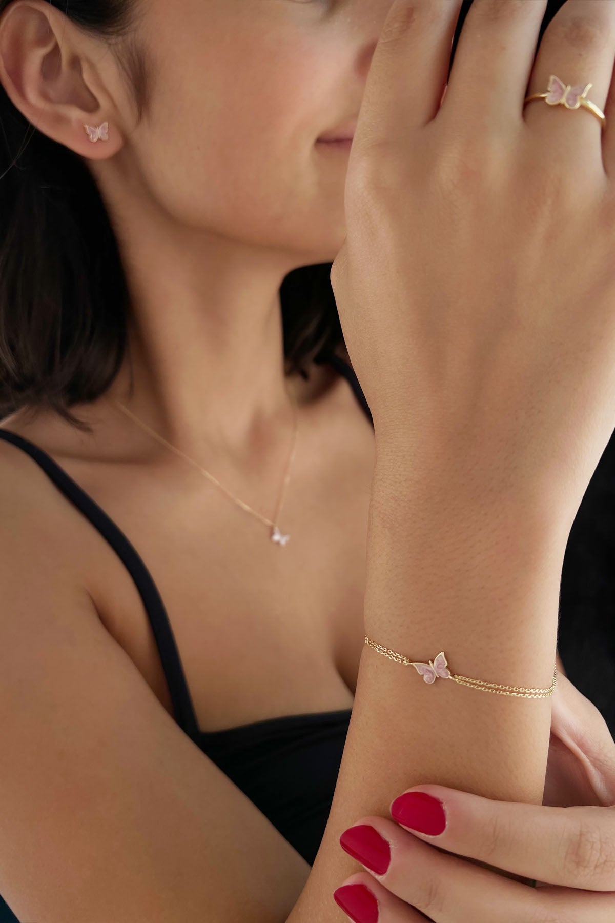 14K Gold Pink Enamel Butterfly Shape Set