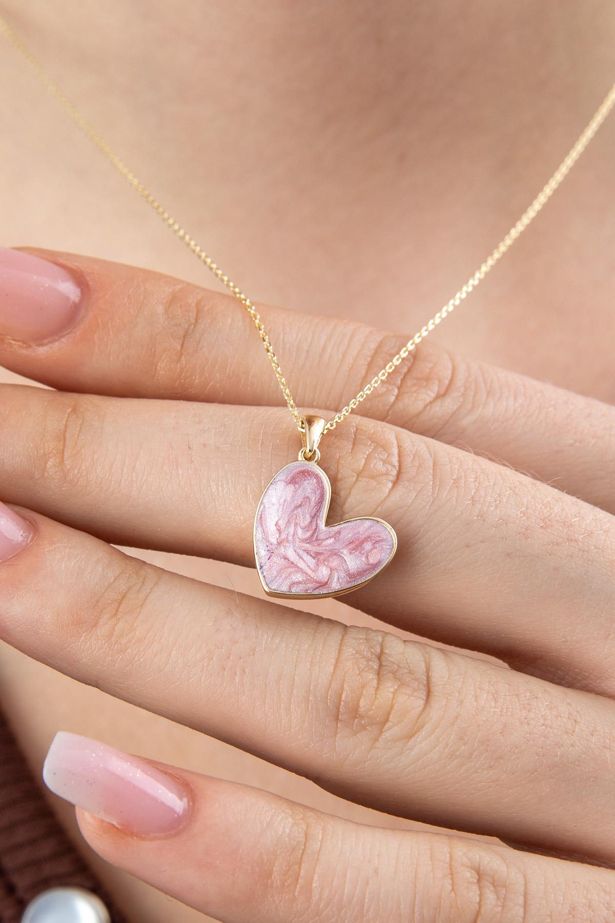 14K Gold Pink Enamel Heart Shape Necklace