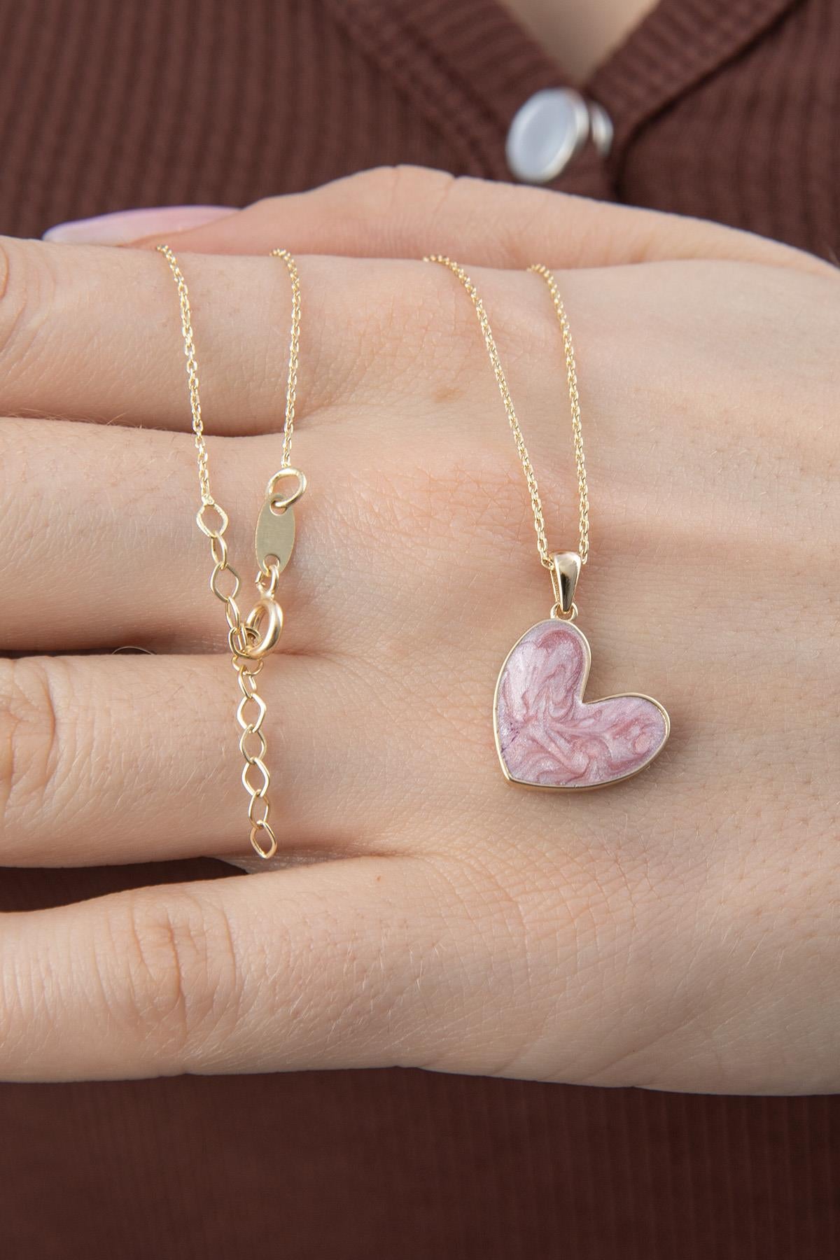 14K Gold Pink Enamel Heart Shape Necklace