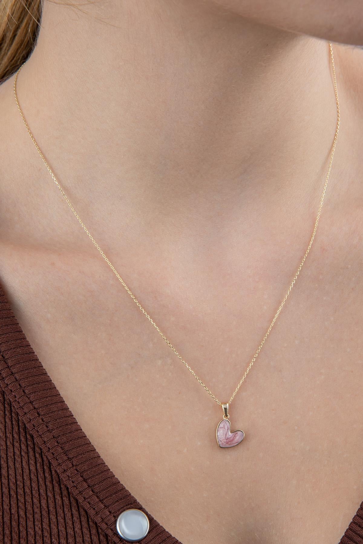 14K Gold Pink Enamel Small Heart Shape Necklace
