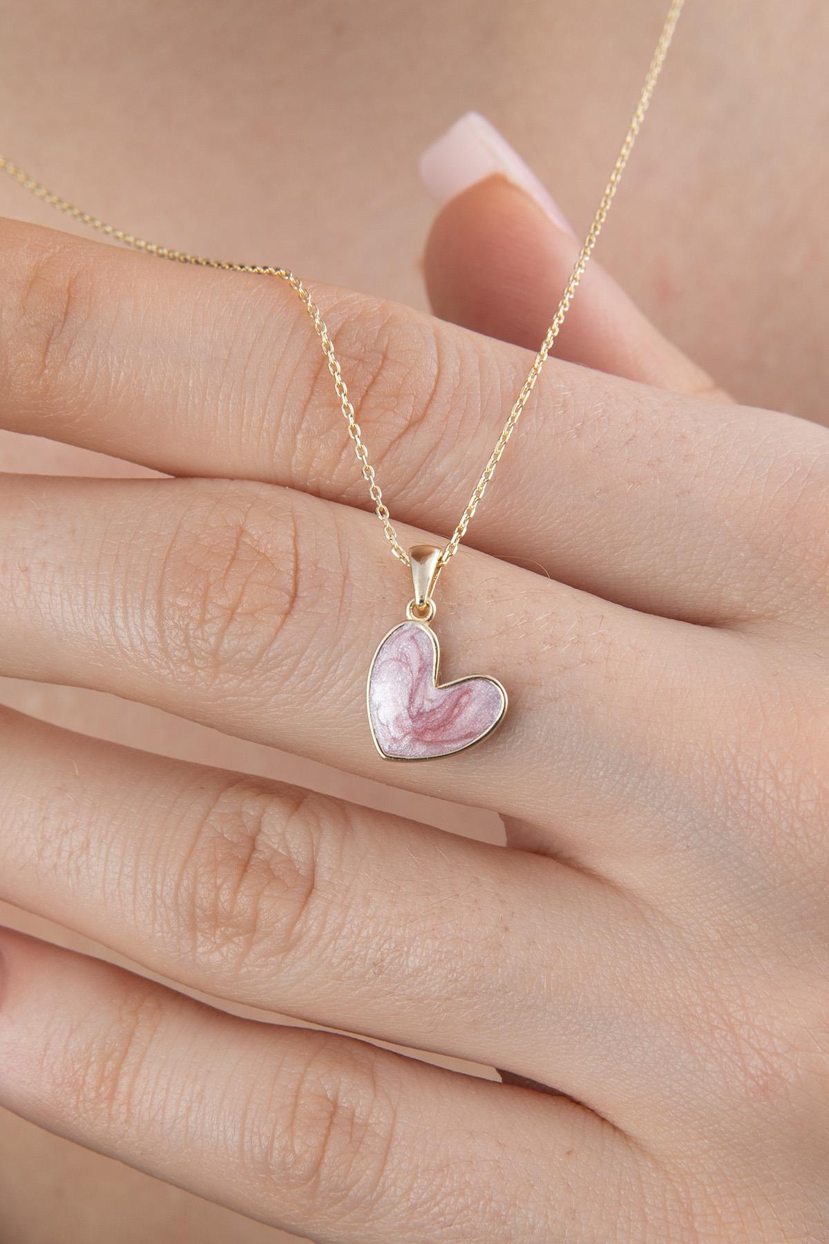 14K Gold Pink Enamel Small Heart Shape Necklace