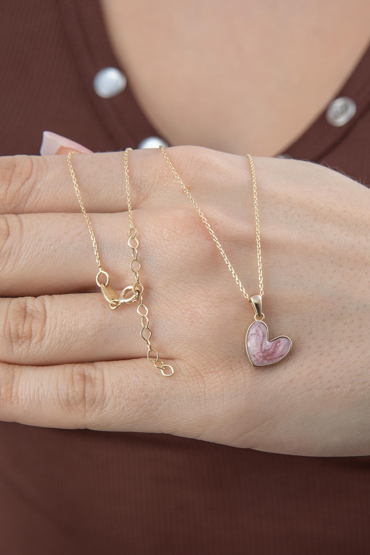 14K Gold Pink Enamel Small Heart Shape Necklace