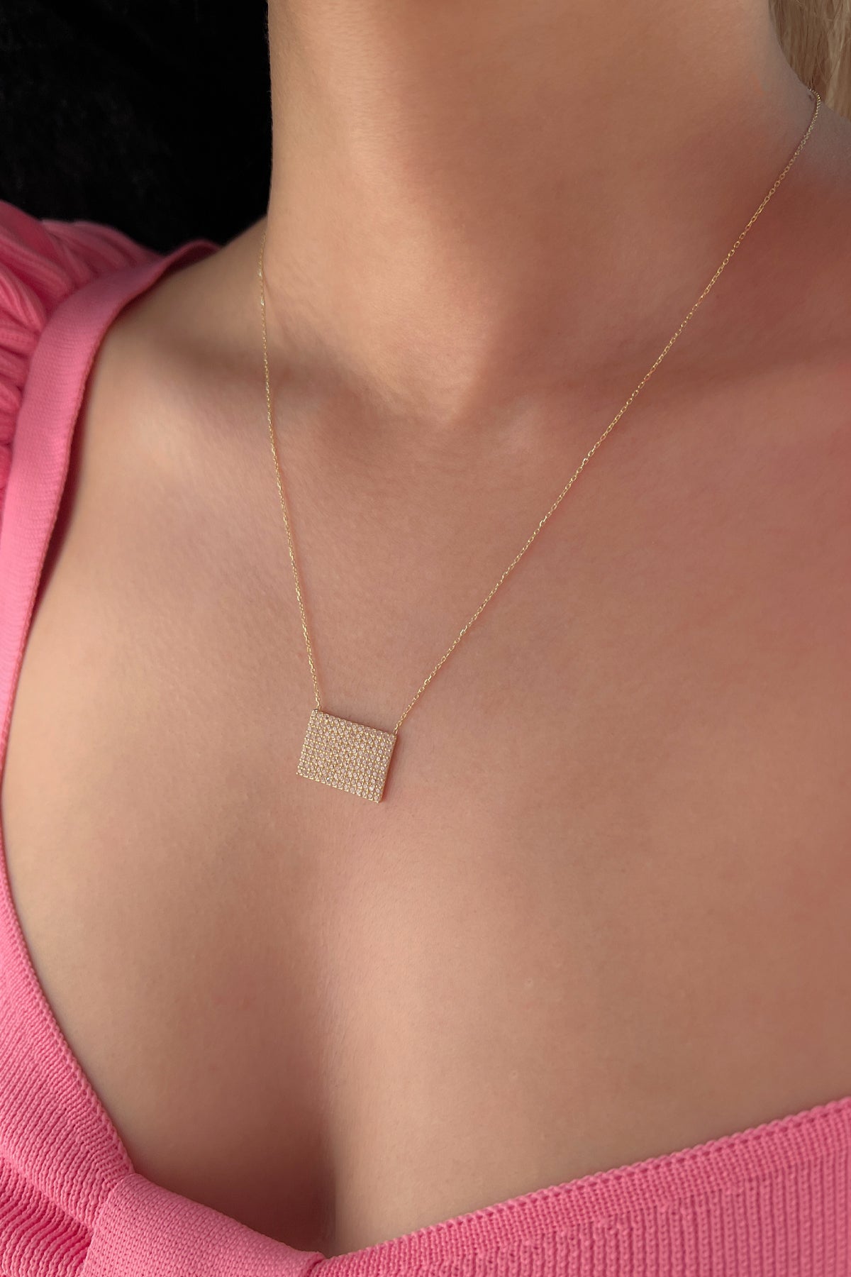 14K Gold Pink Quartz Designed Rectangle Necklace