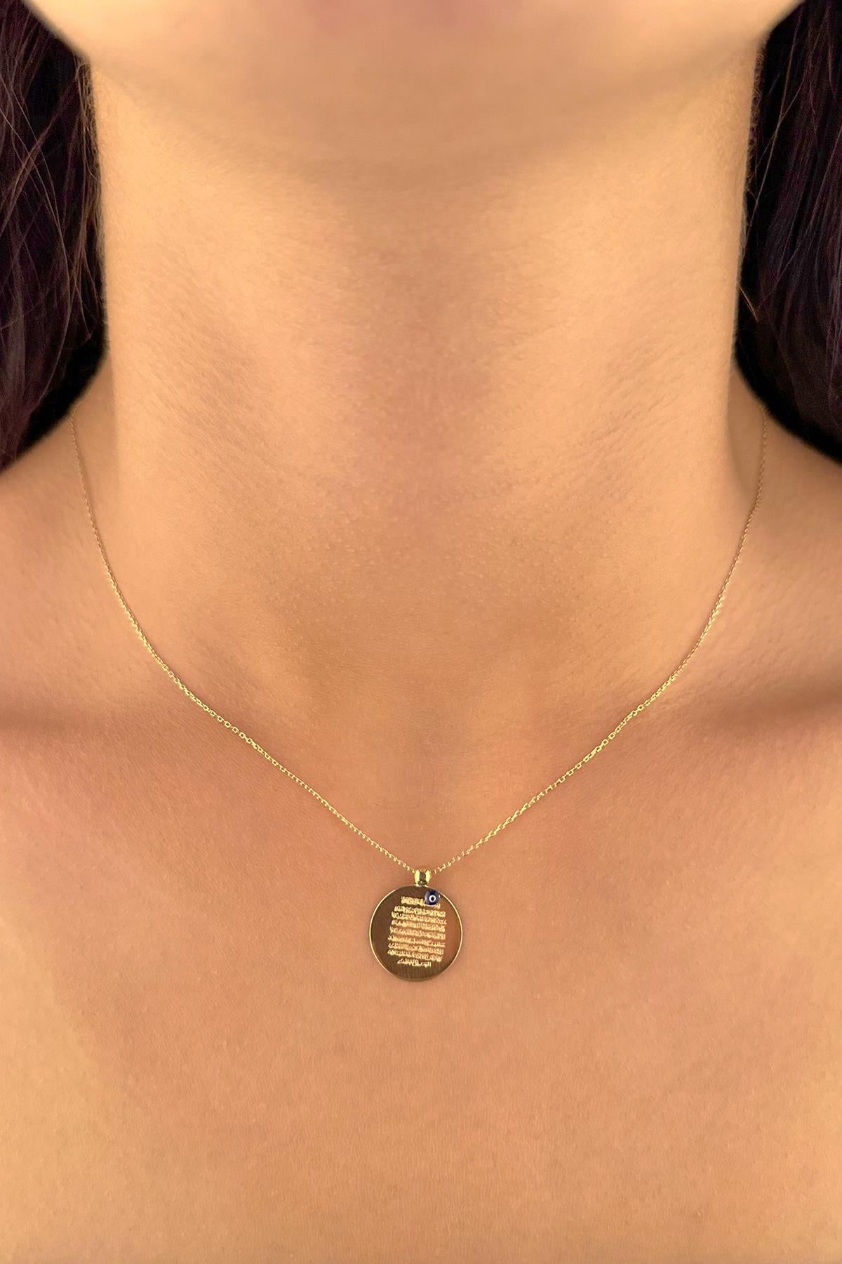 14K Gold Prayer Protection Written Round Evil Eye Necklace   0.590 inch