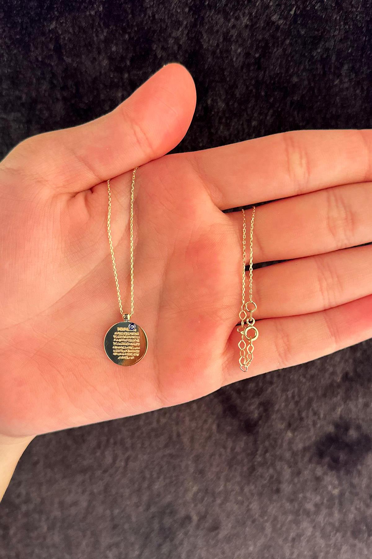 14K Gold Prayer Protection Written Round Evil Eye Necklace   0.590 inch