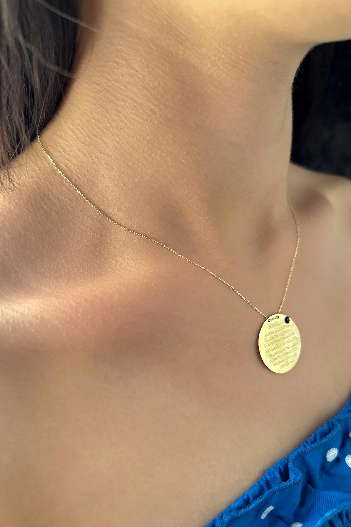 14K Gold Prayer Protection Written Round Evil Eye Necklace   1.023 inch