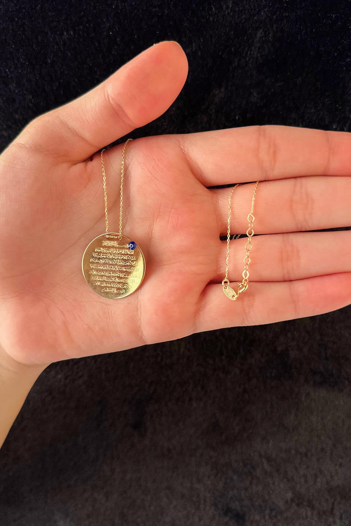 14K Gold Prayer Protection Written Round Evil Eye Necklace   1.023 inch