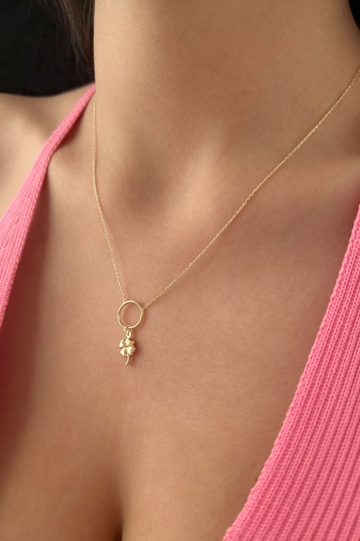 14K Gold Puff Four Leaf Clover Necklace