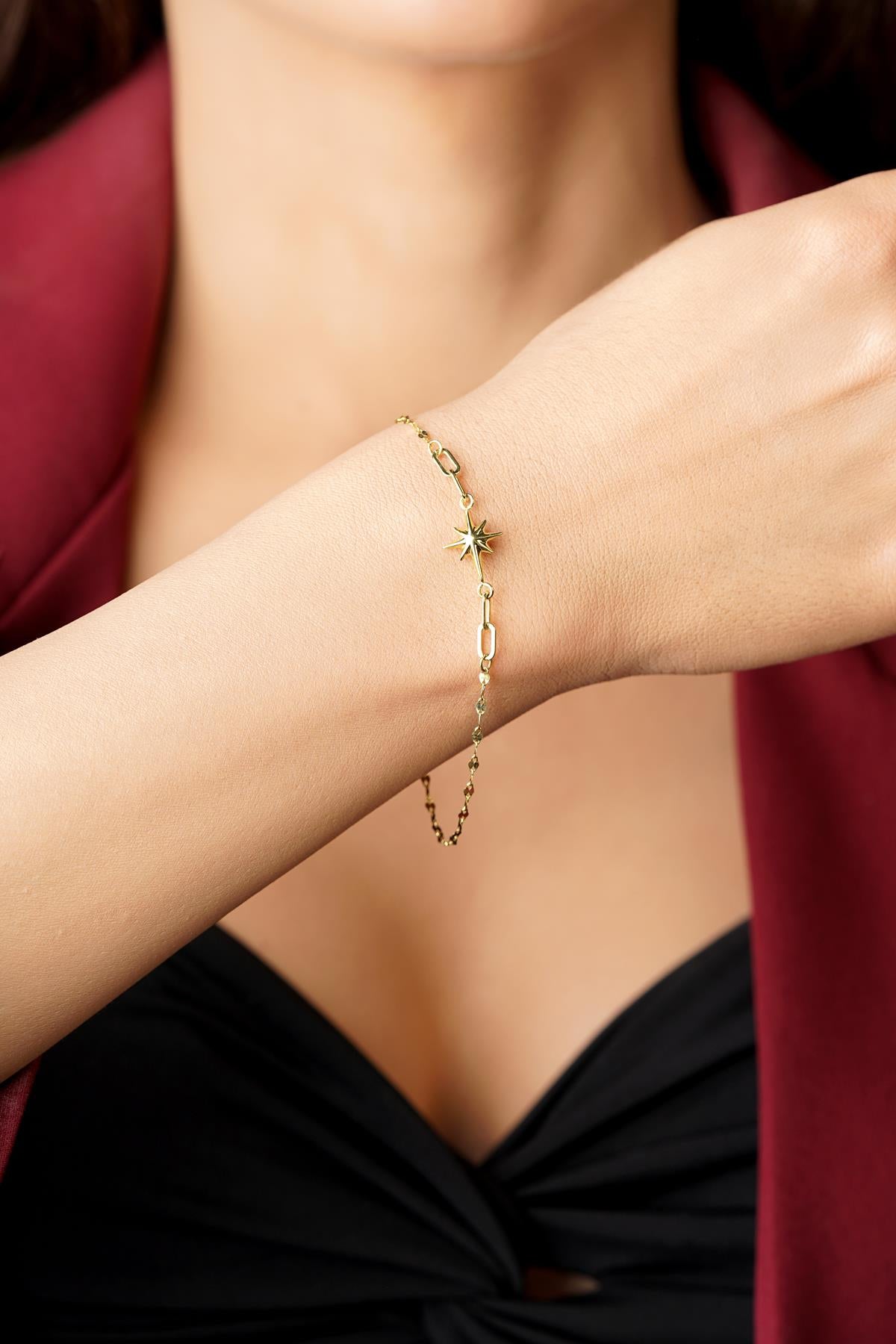 14K Gold Puffy North Star Mirror Bracelet