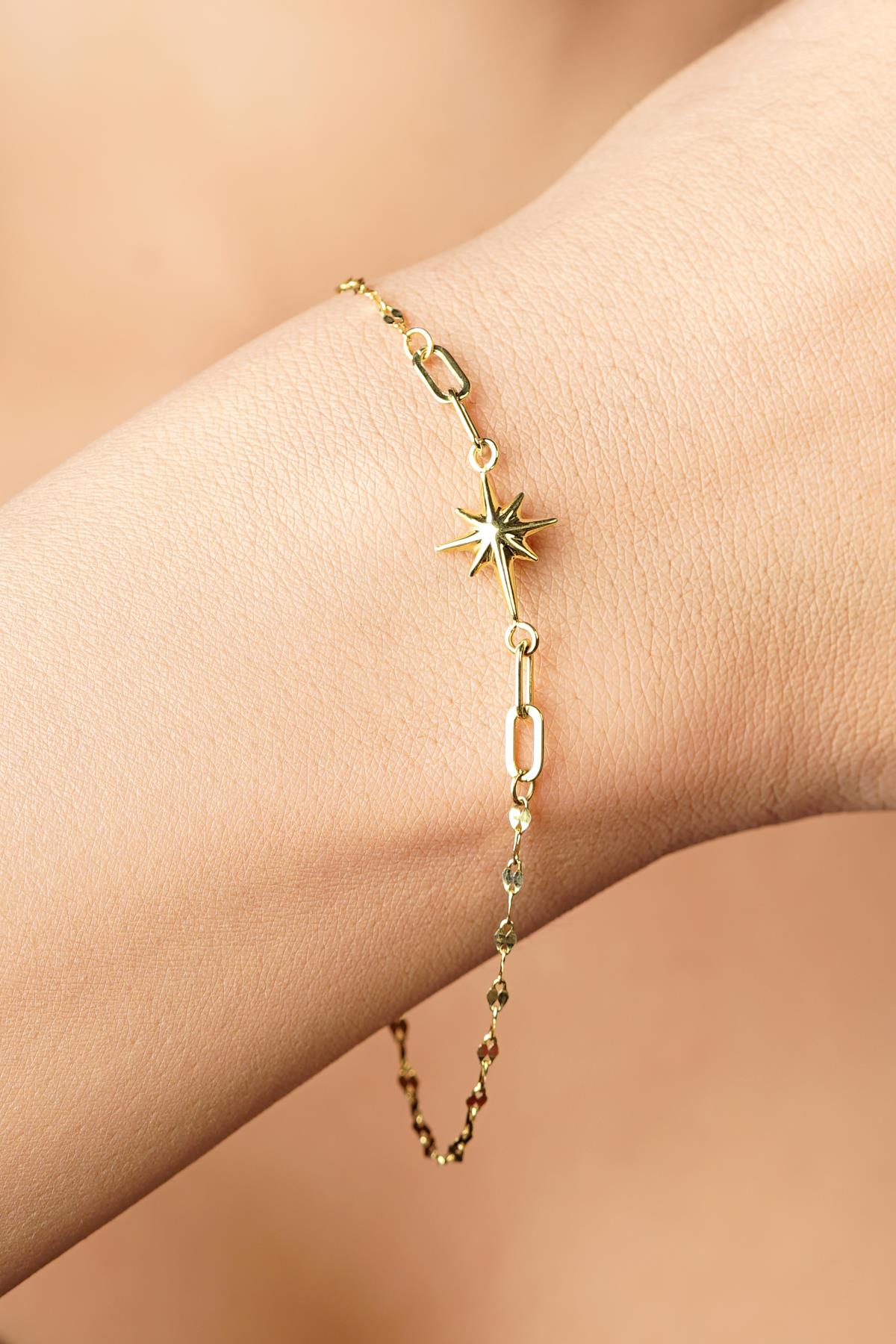 14K Gold Puffy North Star Mirror Bracelet