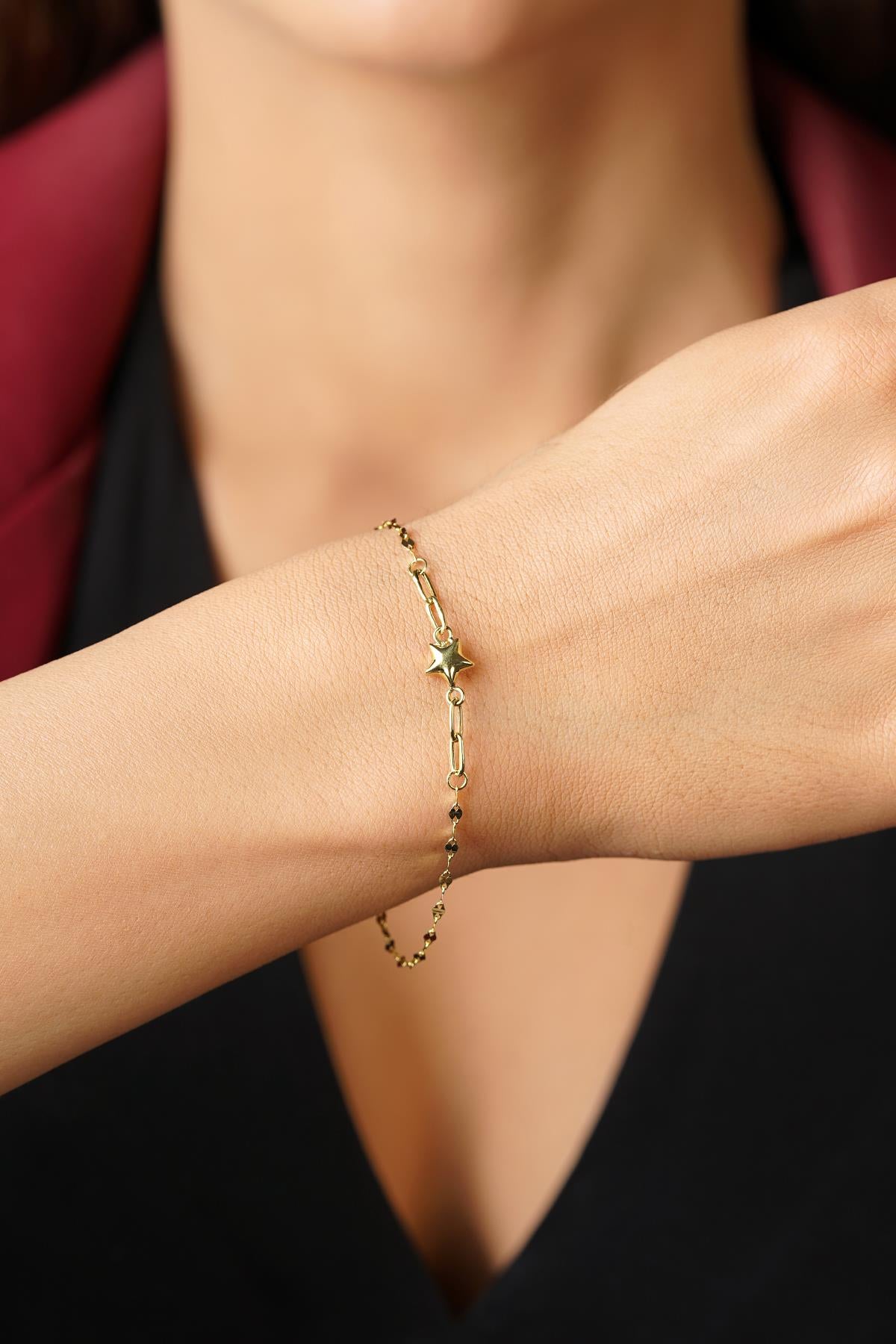 14K Gold Puffy Star Charm Mirror Bracelet