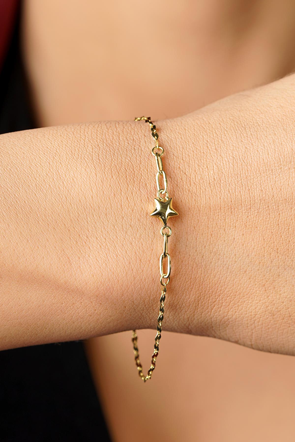 14K Gold Puffy Star Charm Mirror Bracelet