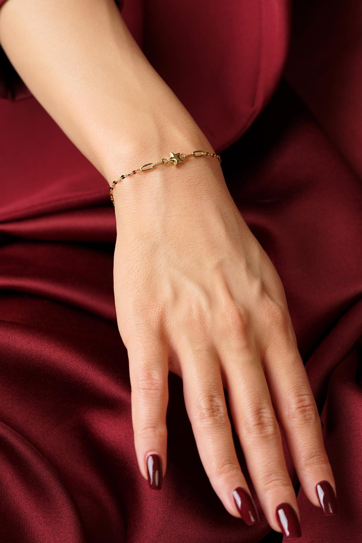 14K Gold Puffy Star Charm Mirror Bracelet