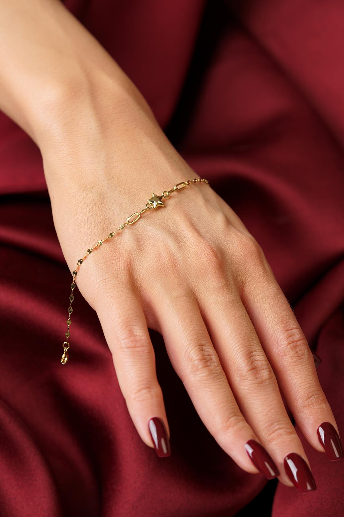 14K Gold Puffy Star Charm Mirror Bracelet