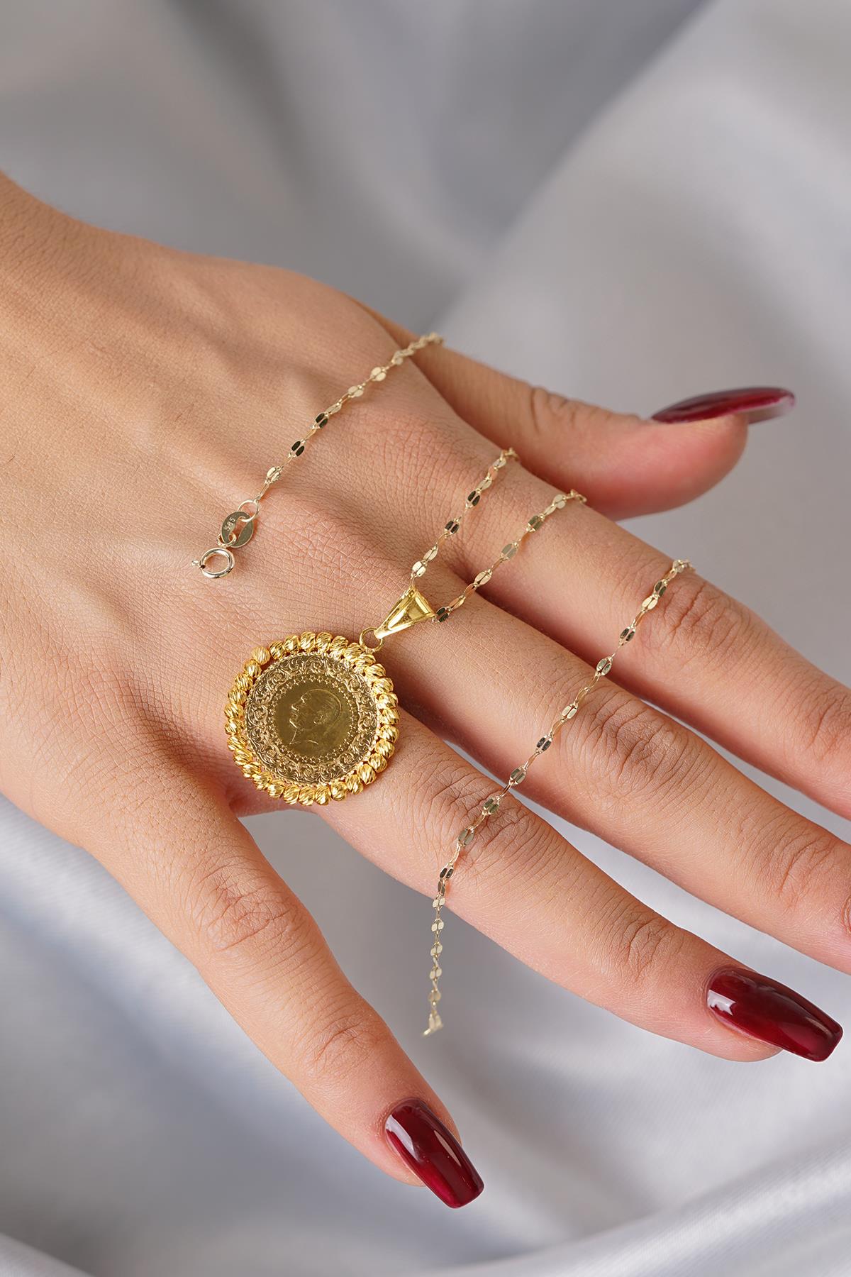 14K Solid Gold Quarter Coin with Mirror Chain Necklace