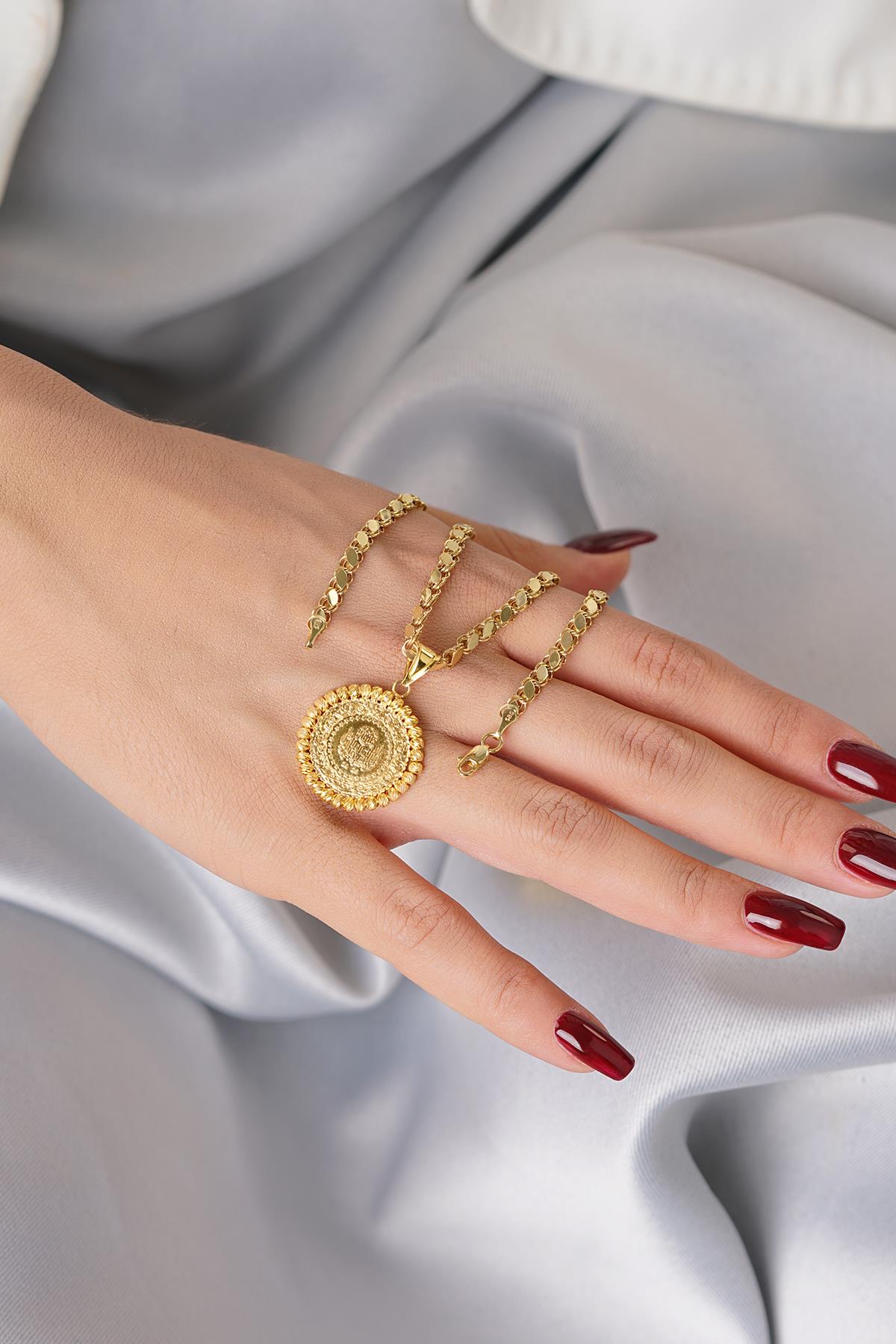 14K Solid Gold Quarter Coin with Sequin Halep Chain Necklace
