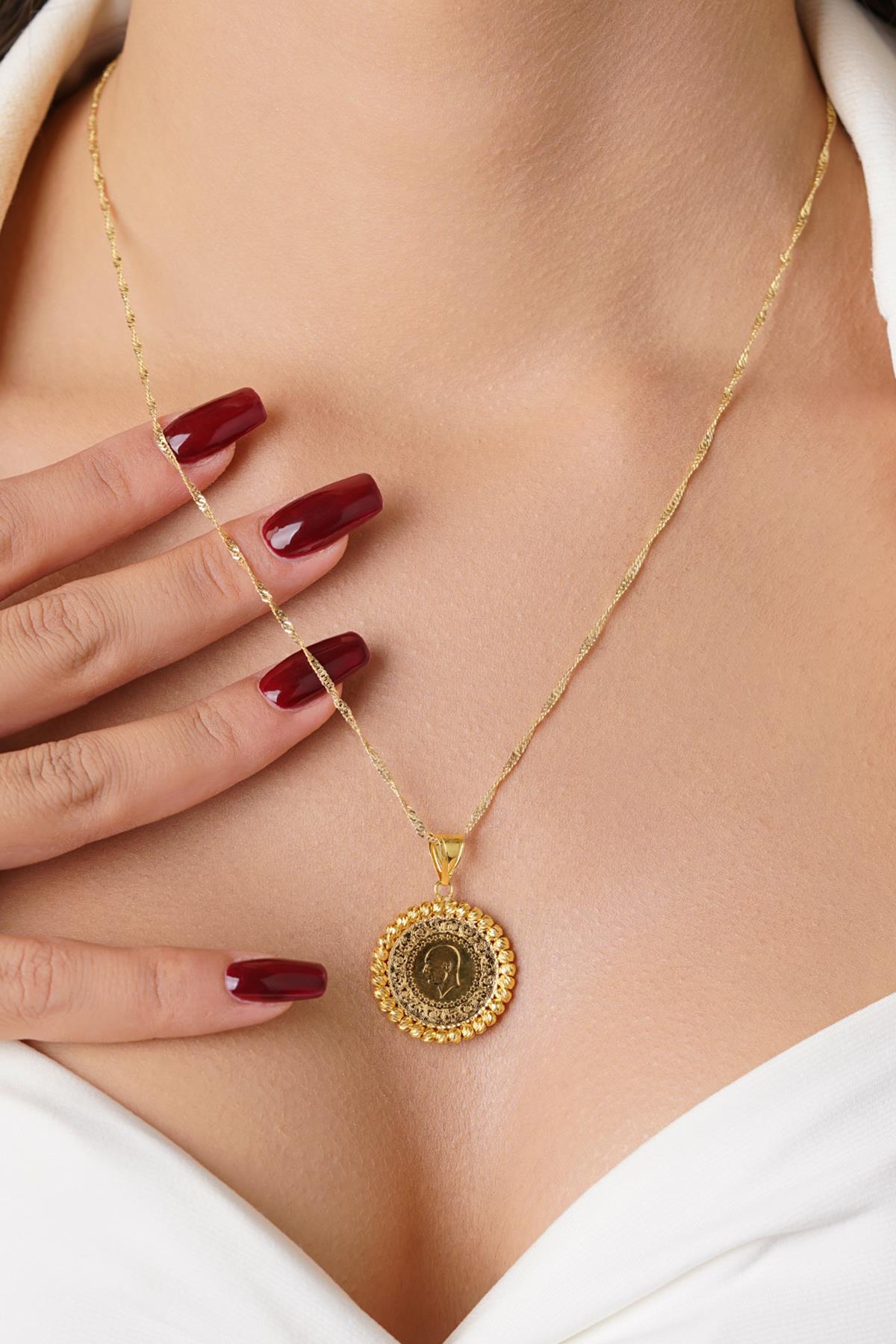 14K Solid Gold Quarter Coin with Singapore Chain Necklace
