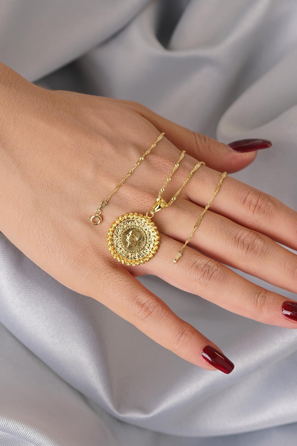 14K Solid Gold Quarter Coin with Singapore Chain Necklace