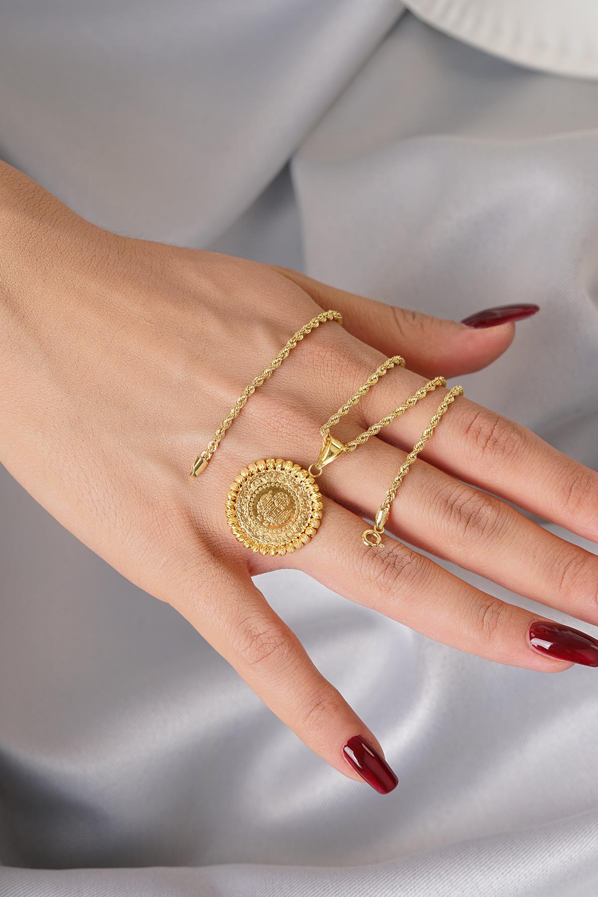 14K Solid Gold Quarter Coin with Twisted Rope Chain Necklace