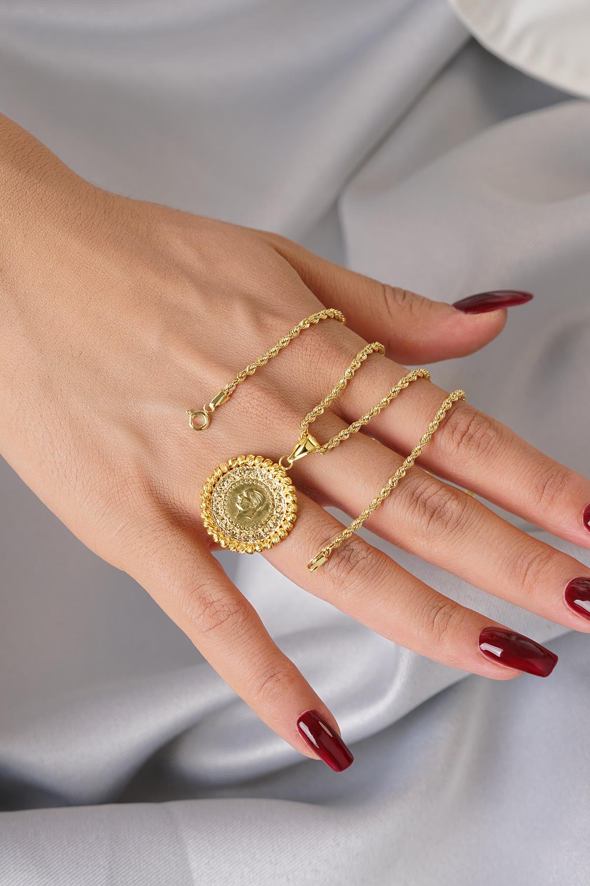 14K Solid Gold Quarter Coin with Twisted Rope Chain Necklace