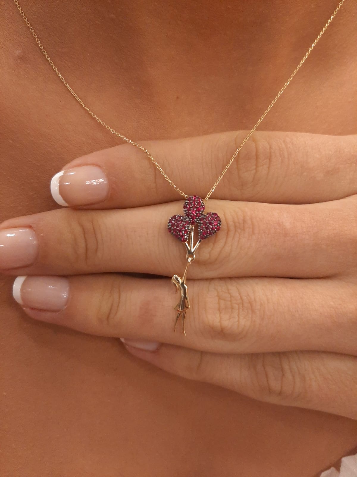 14K Gold Red Stone Balloon Girl Necklace