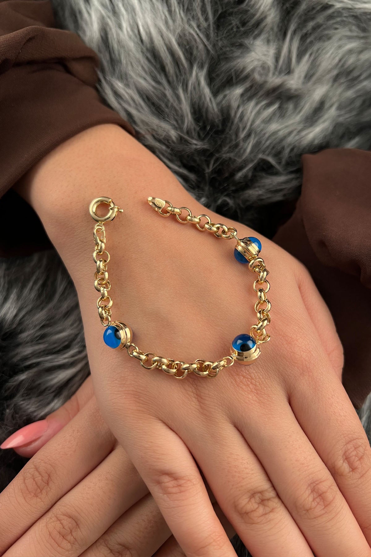 14K Gold Rolo 3 Evil Eye Bracelet
