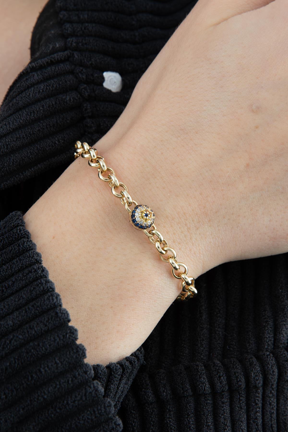 14K Gold Rolo Evil Eye Bracelet