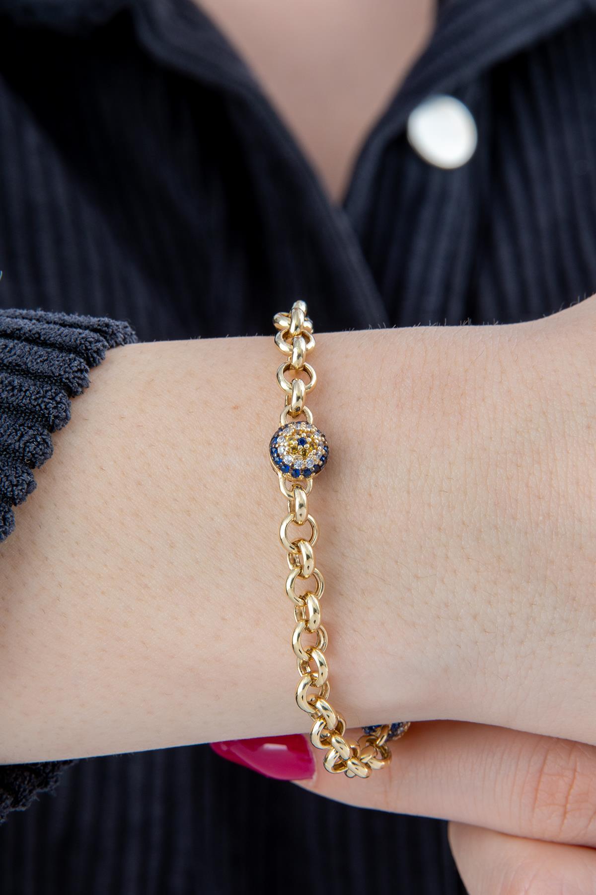 14K Gold Rolo Evil Eye Bracelet