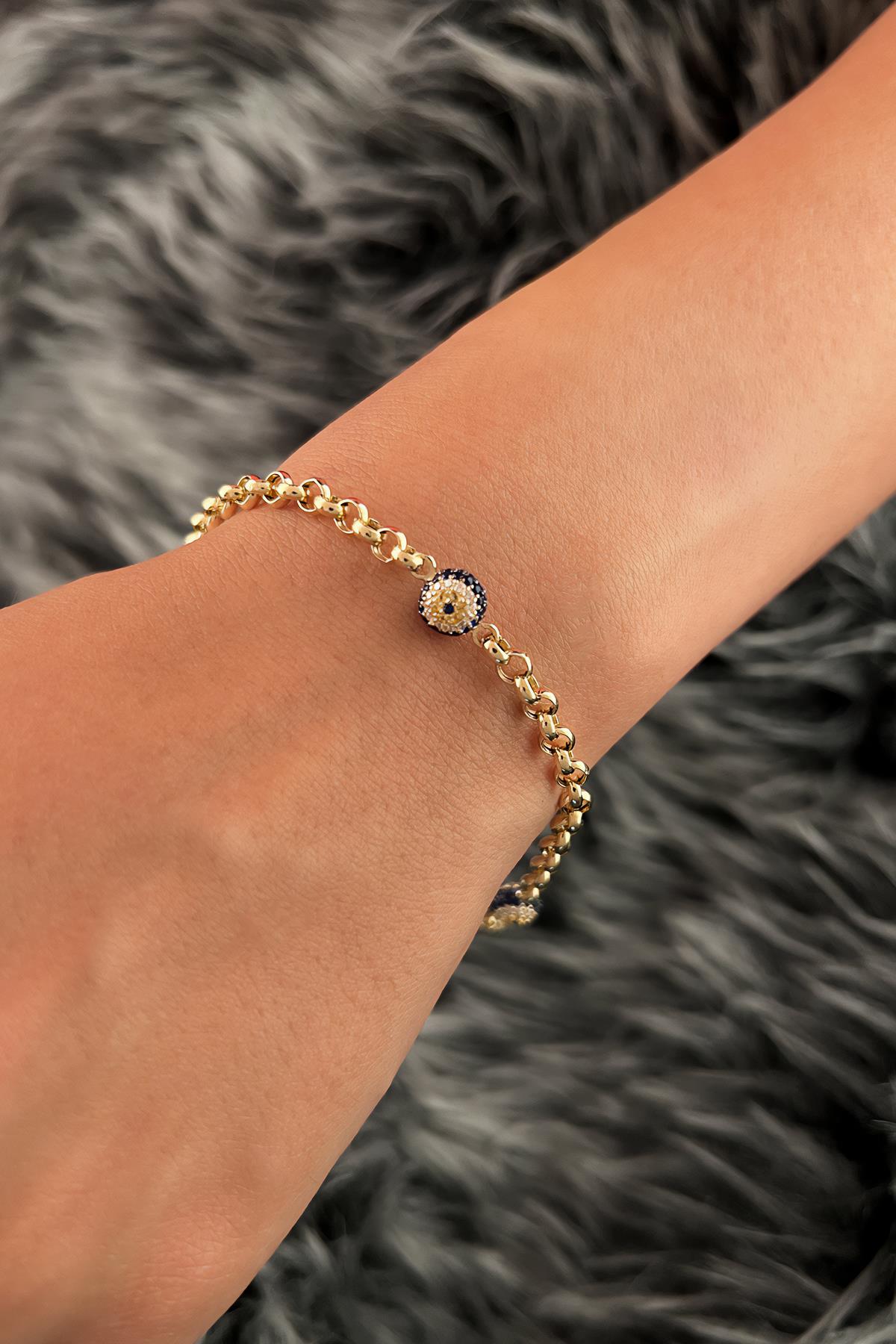 14K Gold Rolo Evil Eye Bracelet