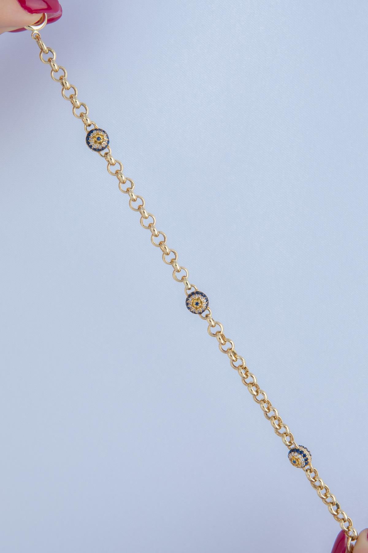 14K Gold Rolo Evil Eye Bracelet