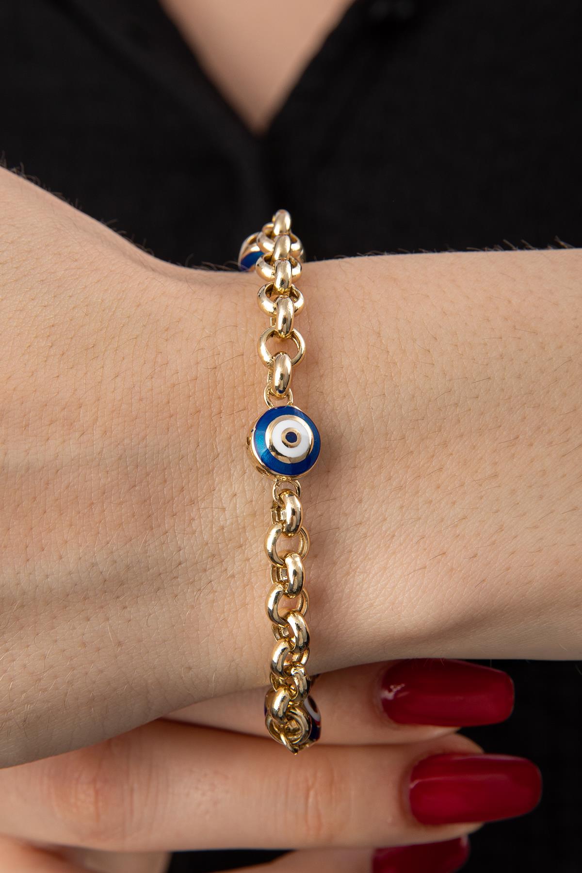 14K Gold Rolo Evil Eyes Bracelet
