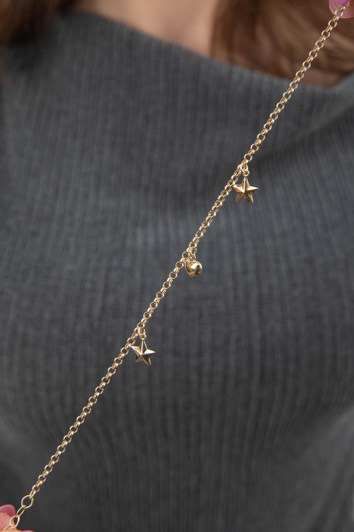 14K Gold Rolo Star & Heart Charm Bracelet