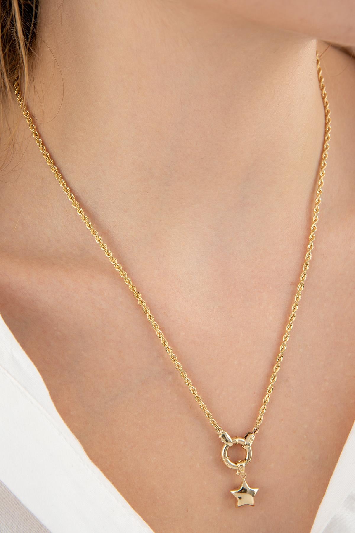 14K Gold Rope Chain Puffed Faceted Star Necklace