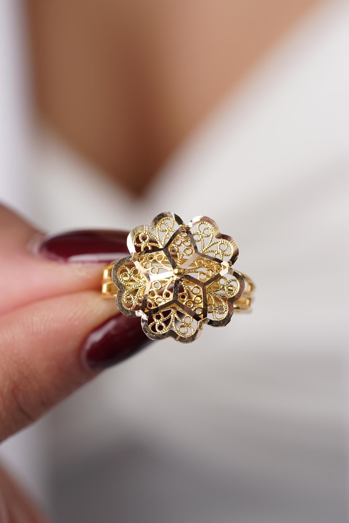 14K Gold Rose Motif Filigree Ring – Mother’s Ring