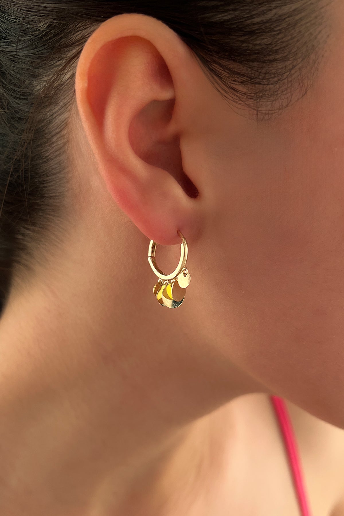 14K Gold Round Sequin Dangle Huggie Earrings 2